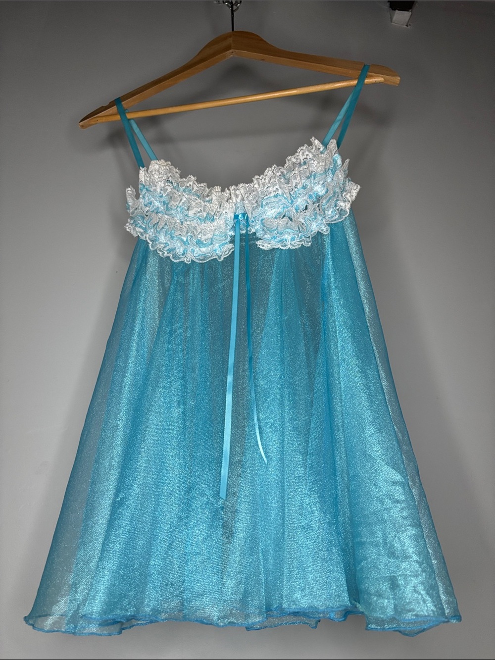 Y2K Era Sheer Ruffled Babydoll Chemise in Aqua with White Lace - Picture 7 of 9
